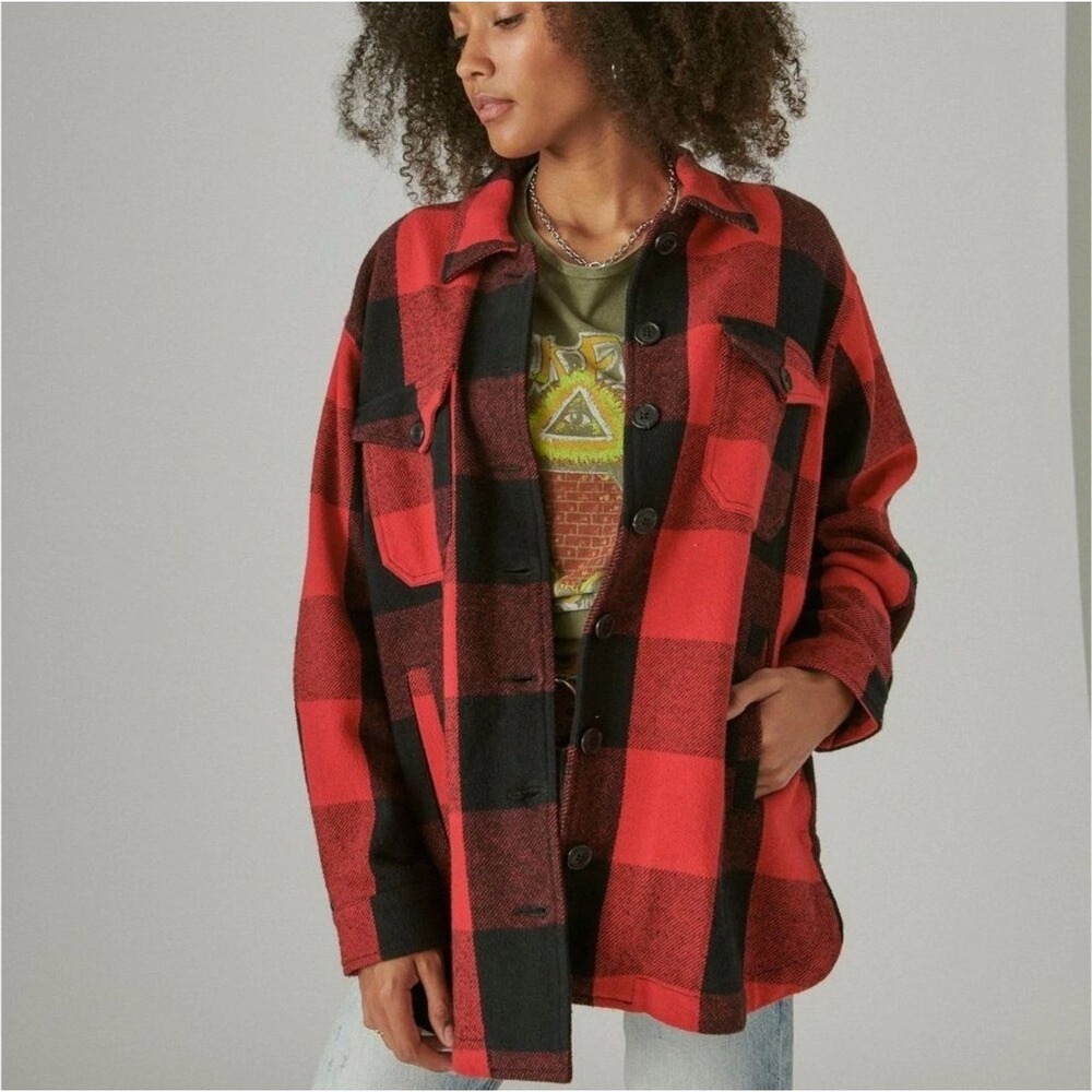 NEW Lucky Brand L Red Black Buffalo Plaid Oversized Women Heavy Shirt Shacket